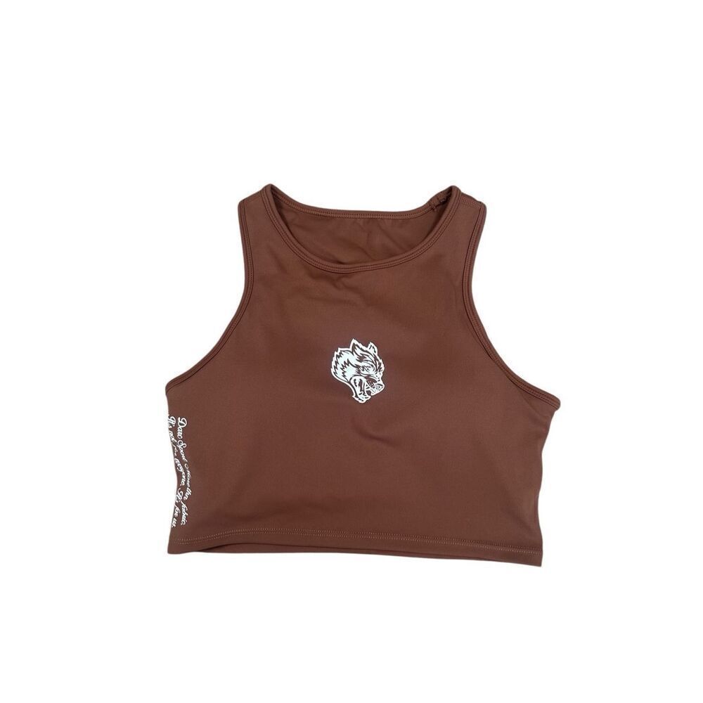 darcsport SHE "Energy" Racerback Tank in Canyon Rust Wolf Logo Gym Shelf Bra S